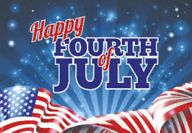A blue and white background with the words happy fourth of july written in red.