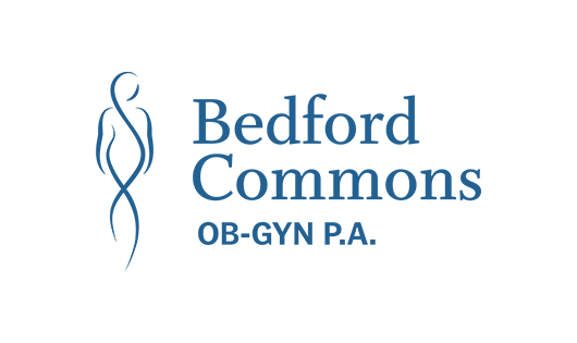 A blue and white logo of the bedford common ob-gyn p. A.